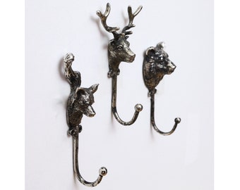 Wall Hooks Stag Fox Bear Animal Design Wall Hooks Cap Hat Coats Storage Nursery Decor Silver Antique