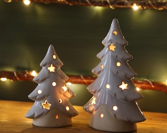 Christmas Tealight Candle Holders Ceramic Beige Set Xmas Tree Christmas Tree