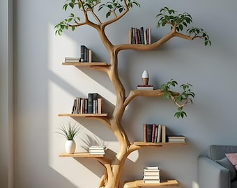 Estantería de madera maciza hecha a mano en forma de árbol, estructura de escalada de madera maciza para gatos, estantería suspendida en forma de árbol, estantería de decoración de pared