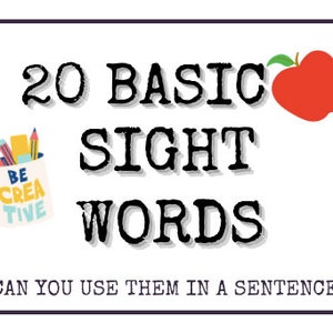 May include: A white card with a purple border and the text "20 BASIC SIGHT WORDS" in black. A red apple with a green leaf is on the right side of the card. A white mug with the text "BE CREATIVE" is on the left side of the card. The text "CAN YOU USE THEM IN A SENTENCE?" is at the bottom of the card.