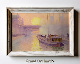 オリジナル水彩画、「係留された船」、マイケル A. バッシー (1930