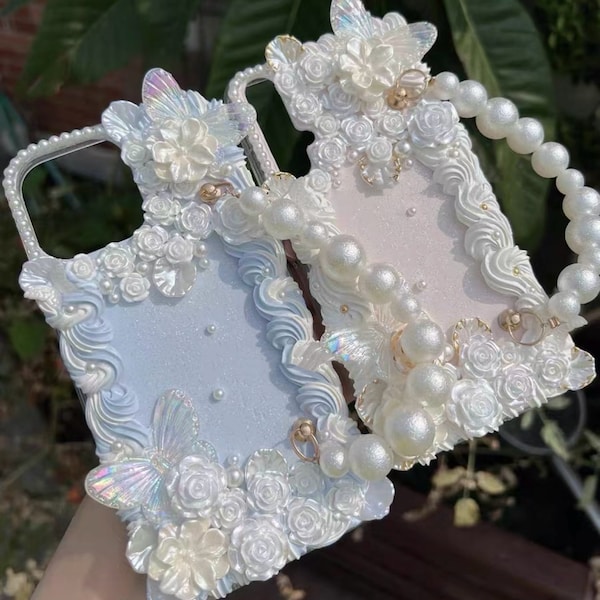 handgemachte weiße Blume deko Handyhülle | mini perlen dekoden Handyhülle | Perlenkette dekoden Handyhülle | Geschenk für Ihn barock Handyhülle