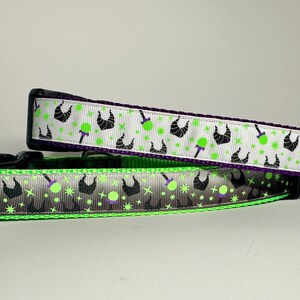 Op de afbeelding: Twee hondenhalsbanden met een groen-wit patroon met een silhouet van Maleficent's hoorns en een groene appel. De bovenste halsband heeft een paarse achterkant en de onderste halsband heeft een zwarte achterkant.