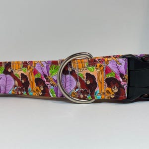 May include: A colorful dog collar with a Lion King print featuring Simba, Nala, Mufasa, and other characters. The collar is made of durable fabric and has a black plastic buckle and a silver metal D-ring.
