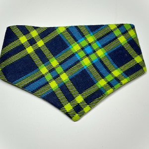 May include: A blue and green plaid bandana with a light blue accent.