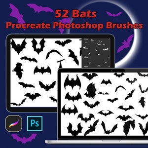 May include: A digital illustration of 52 bat silhouettes in black on a white background. The bats are shown on a laptop screen and a tablet. The text "52 Bats Procreate Photoshop Brushes" is displayed at the top of the image.