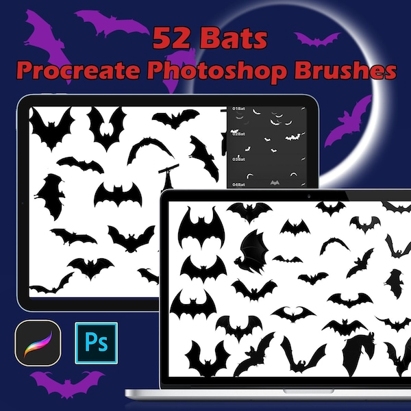 Procreate Photoshop Brush 52 Bat Brush Stamp Halloween vampire Digital Download