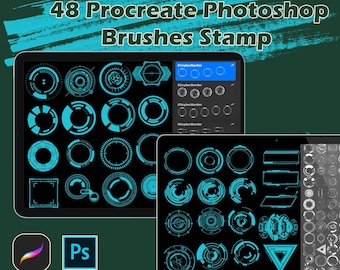May include: 48 Procreate and Photoshop brushes with a futuristic, blue and white design. The brushes are displayed on two laptop screens. The brushes are in the shape of circles, squares, triangles, and other geometric shapes.