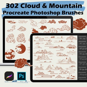 Sello de pincel de nubes para Procreate, sello de pincel de montaña para Photoshop, elemento oriental para Procreate Photoshop