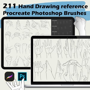 May include: A digital illustration of 211 hand drawing references for use with Procreate and Photoshop. The image shows a laptop and tablet screen displaying various hand poses.