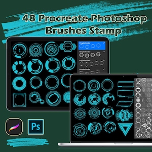 48 Procreate Photoshop Brush Stamp Cyber Tech Brush Hologram Graphical User Interface Border Pattern design