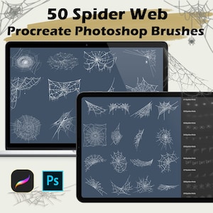 May include: A digital illustration of 50 spider web brushes for Procreate and Photoshop. The image shows a laptop and tablet screen displaying the brushes. The brushes are white on a dark blue background. The text "50 Spider Web Procreate Photoshop Brushes" is at the top of the image.