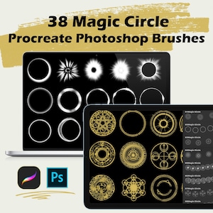 May include: A digital illustration of 38 magic circle brushes for Procreate and Photoshop. The brushes are displayed on a laptop and tablet screen. The brushes are in black and white and gold.