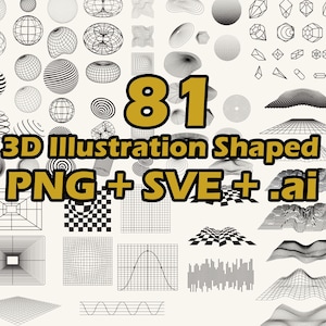 Puede incluir: Una colección de 81 formas de ilustración 3D en blanco y negro. Las formas son geométricas y abstractas. El texto "3D Illustration Shaped PNG + SVG + .ai" está escrito en letras negras y amarillas.