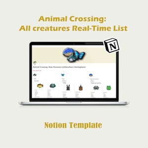Puede incluir: Una pantalla de computadora portátil que muestra una plantilla de Notion para Animal Crossing: New Horizons. La plantilla enumera todas las criaturas del juego, incluidos los peces, los insectos y las criaturas de aguas profundas. La plantilla está diseñada para el hemisferio sur.