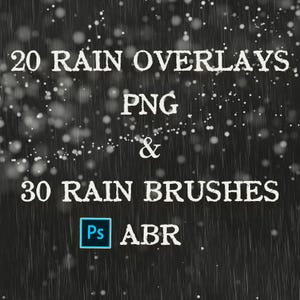 Op de afbeelding: 20 regenoverlays in PNG-formaat en 30 regenpenseel in ABR-formaat. De afbeelding toont een donkere achtergrond met witte regendruppels en de tekst "20 RAIN OVERLAYS PNG & 30 RAIN BRUSHES Ps ABR".