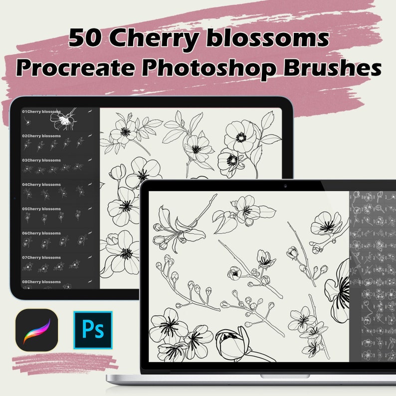 Cherry Blossoms Procreate Brush Photoshop Stamp Oriental Tattoo Pattern ...
