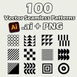 Op de afbeelding: Een set van 100 zwart-witte vector naadloze patronen in .ai en PNG-formaat. De patronen zijn geometrisch en abstract, met cirkels, vierkanten, driehoeken en lijnen.