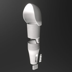 May include: A white plastic prosthetic leg with a removable knee joint and a foot. The leg is disassembled into four parts, showing the inner workings of the knee joint.