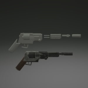 May include: A disassembled silver revolver with a brown handle and a black and silver assembled pistol with a brown handle.