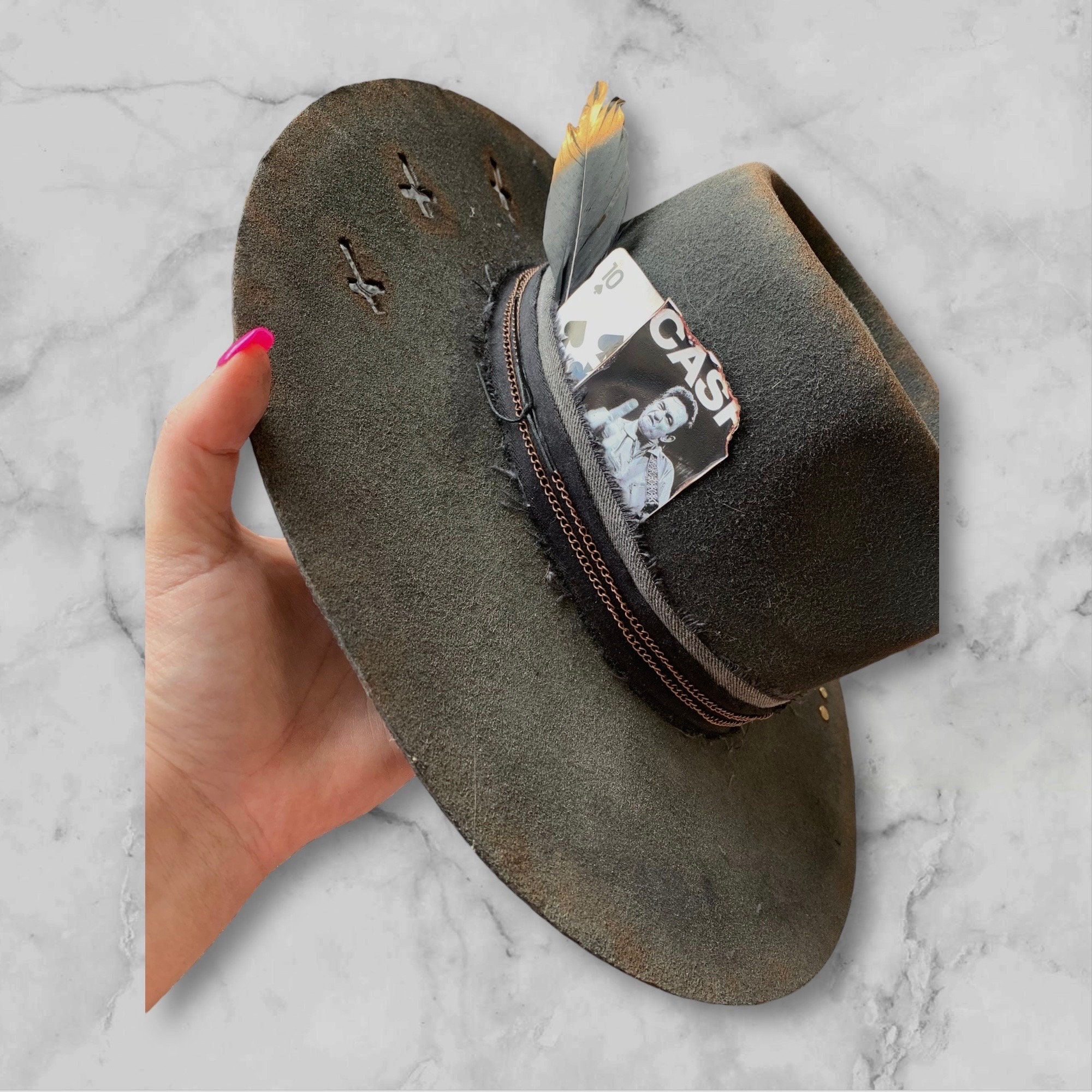 Black Feather Trim Felt Fedora Hat featuring Johnny Cash Johnny Cash inspired red fedora hat main image 2