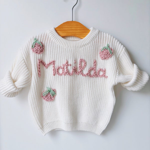 Strawberry Jumper personalised with name. Hand Embroidered,Knitted Baby Jumper, Embroidered Jumper, Personalized Baby Gift, Girls Boys.