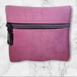 Leather Coin Purse – Soft Suede Embossed Change Holder, Small Zippered Wallet, Genuine Leather Card Pouch, Pocket Coin Holder Pink