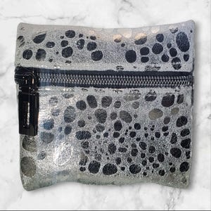 Silver Genuine Leather Small Coin Holder Change Purse Zipper Card Wallet / Handmade Coin Purse
