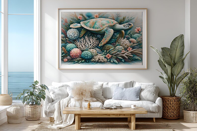 Sea Turtle Coastal Art Print, Ocean Beach House Decor (digital Download ...