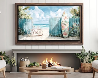 Beach Bike Surfboard Frame TV Art, Summer Coastal View (Digital Download)