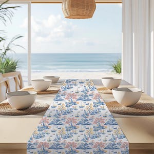 Coastal Toile Table Runner: Nautical Beach House Decor