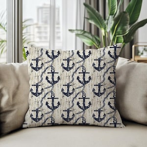 Nautical Anchor Pillow: Coastal Navy & White Ocean Theme