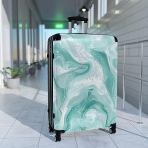 Stylish Travel Suitcase: Teal Marble Design, Lightweight Luggage