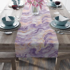 Lavender Marble Table Runner: Elegant Chic Decor, Rose Gold Sheen