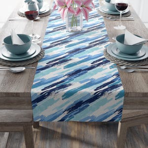 Blue Brush Stroke Cotton Table Runner: Modern Dining Decor