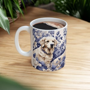 Golden Retriever French Toile de Jouy Mug - Elegant Blue Toile Coffee Cup for Golden Mom, Golden Retriever Lover Gifts, Dog Lover Coffee Mug