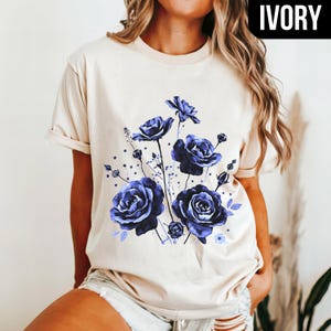 Linocut blue Flower Comfort Colors® Vintage Style Tshirt, Retro Bue Block Print Peonies Shirt, Blue Cottagecore Boho Botanical