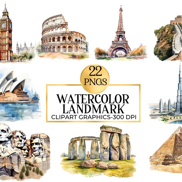 Clipart de monuments à l'aquarelle | Illustrations de la Tour Eiffel, de la Statue de la Liberté et du Colisée | Téléchargement instantané pour une utilisation commerciale