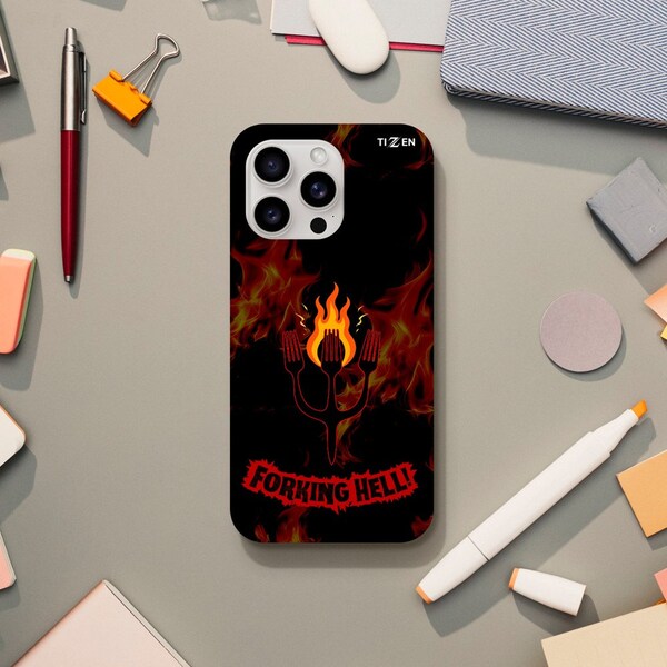 Funny 'Forking Hell' Flame Design Tough Phone Case, Durable Dual-Layer Protection, Wireless Charging Compatible, Eco-Friendly Materials