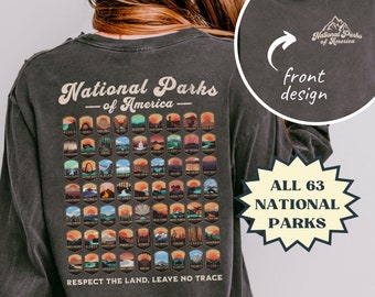 National Park Longsleeve Shirt 63 Parks List Shirt Comfort Colors Granola Girl US National Parks Gifts Travel Shirt Nature Lover Hiking Gift