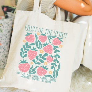 Fruit of the Spirit Christian Tote Bag, Faith Tote Bag, Jesus Canvas Tote, Gift for Christian, Strawberry Tote Bag, Bible Verse Tote Bag