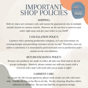 May include: A white background with black text outlining important shop policies for a business called Red Prairie Co-op. The text includes information about shipping, cancellation, return/exchange, and garment care policies.