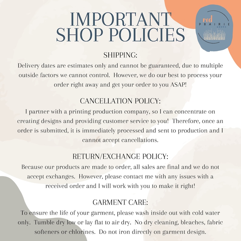 May include: A white background with black text outlining important shop policies for a business called Red Prairie Co-op. The text includes information about shipping, cancellation, return/exchange, and garment care policies.