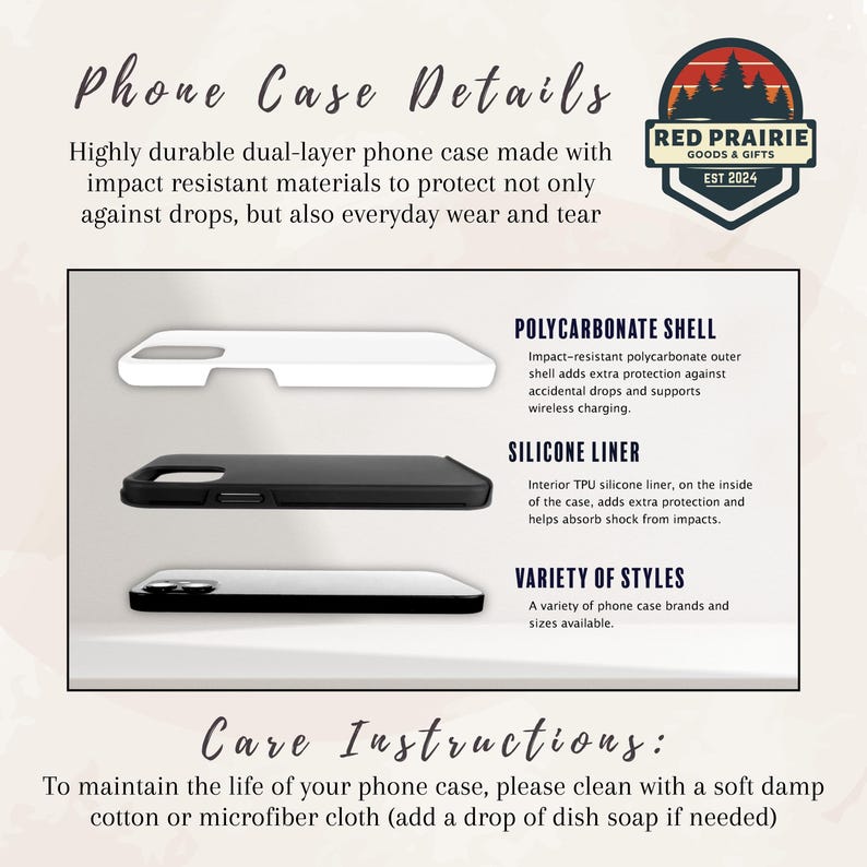 May include: Diagram of a dual-layer phone case, showcasing a polycarbonate shell and silicone liner for impact resistance. The image highlights the case's features, including wireless charging support and a variety of styles.