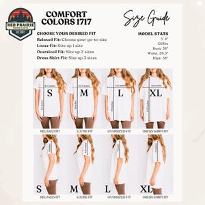 May include: A size guide for Comfort Colors 1717 t-shirts. The guide includes model stats, fit descriptions, and measurements in inches for sizes S, M, L, and XL. The Red Prairie Goods & Gifts logo is in the upper left corner.