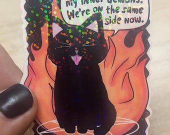 Funny Black Cat Sticker | Holographic Cat Vinyl Decal | Inner Demons Humor Sticker for Laptop Water Bottle
