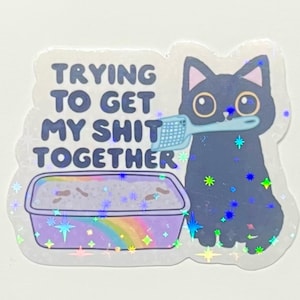 Funny Cat Sticker: Holographic Vinyl Decal - &quot;Trying to Get My Sh*t Together&quot;