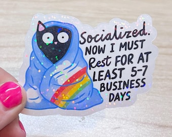 Introvert Cat Sticker | Cozy Rainbow Holographic Laptop Decal