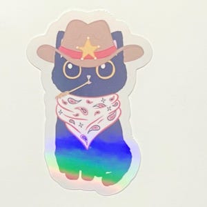 Cowboy Cat Sticker – Holographic Western Sheriff Cat Vinyl Decal, Funny Cowboy Kitty Laptop Water Bottle Sticker