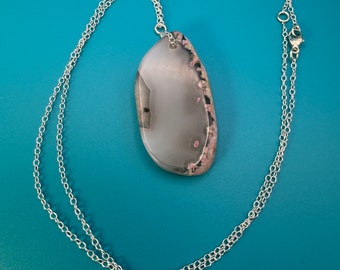 Natural Agate Slice Silver Necklace Reversible Pendant. Adjustable Chain 16''-18''. Handmade in USA. gift for her